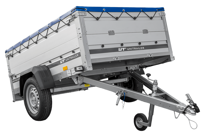 Autoaanhanger met aluminium zijwanden 200x125 Unitrailer Garden 201 KIPP ALU met BIS-zijwanden, H-0 frame en blauwe afdekking