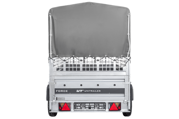 Enkelassige aanhanger 230x125 UNITRAILER FORCE 230 KIPP met gaaswanden, H-800 frame en grijze afdekking.
