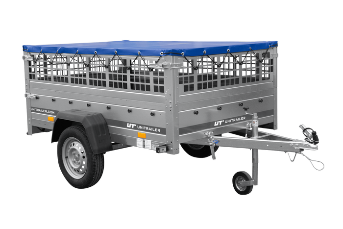 Enkelassige aanhanger 200x125 UNITRAILER GARDEN 201 KIPP met gaaswanden en blauwe afdekking