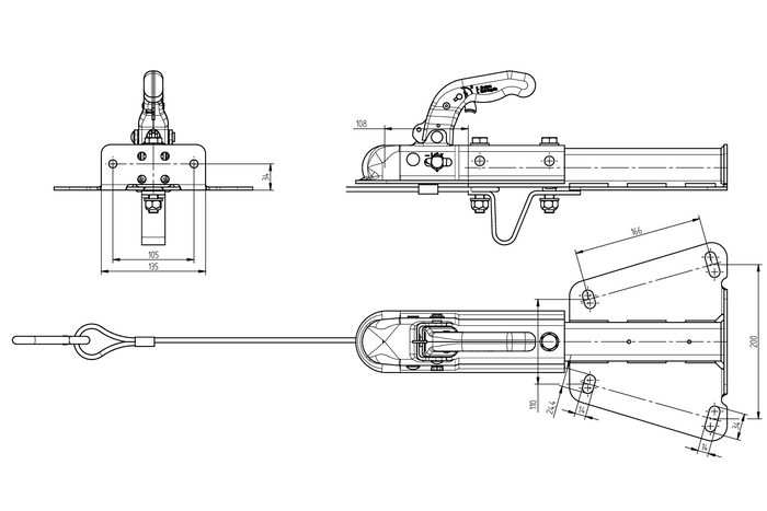 KNOTT KQ14-A+KZE7.5 kogelkoppeling voor een aanhanger van 750 kg met een V-vormige dissel.