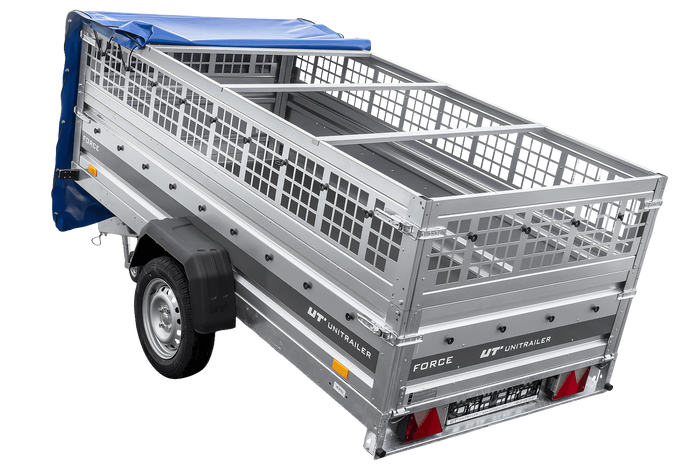 Enkelassige aanhanger 264x125 UNITRAILER FORCE 264 KIPP met gaaswanden, H-0 frame en blauwe afdekking.