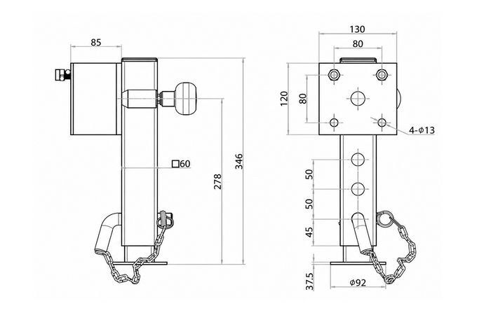 Support de manivelle extensible UNITRAILER JL1 pour remorque plateau 1500 kg 346-576 mm