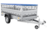 Enkelassige aanhanger 264x125 UNITRAILER FORCE 264 KIPP met gaaswanden, H-0 frame en blauwe afdekking.