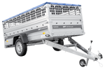 Enkelassige aanhanger 264x125 UNITRAILER FORCE 264 KIPP met gaaswanden, H-0 frame en blauwe afdekking.