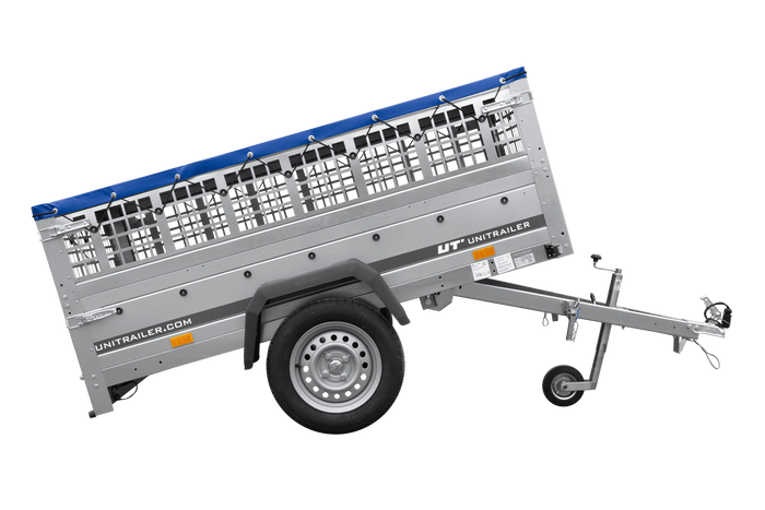 Remorque à un essieu 200x125 UNITRAILER GARDEN 201 KIPP avec ridelles grillagées et bâche bleue