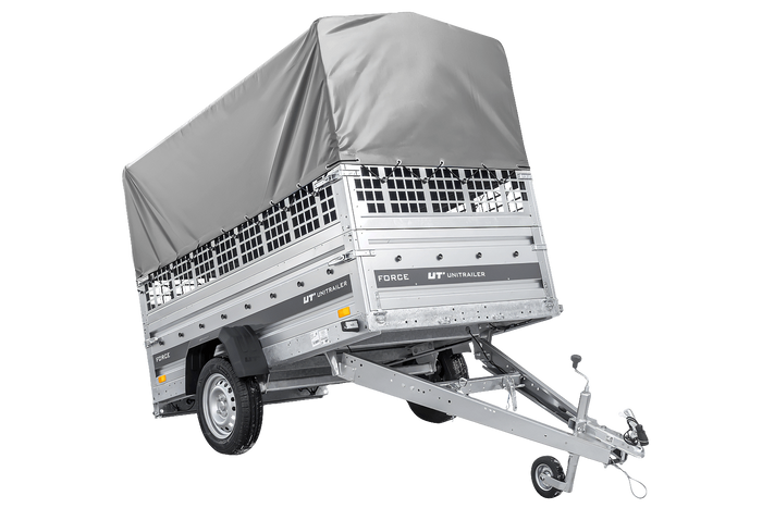 Remorque à un essieu 230x125 UNITRAILER FORCE 230 KIPP avec ridelles grillagées, châssis H-800 et bâche grise