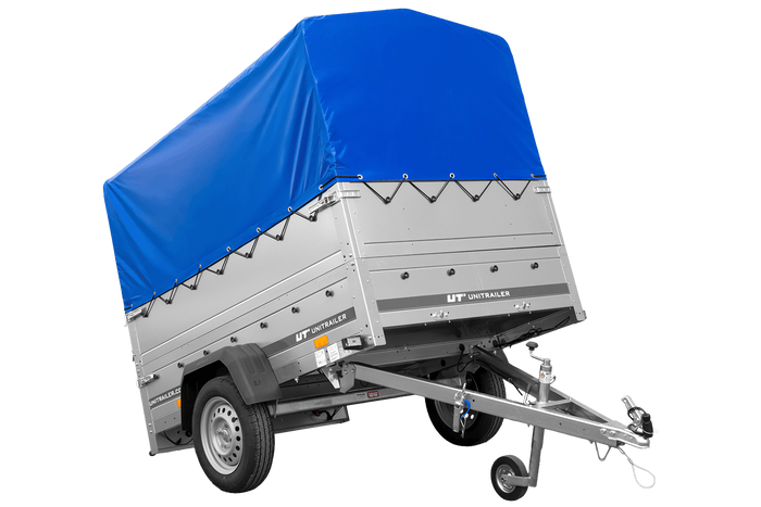 Enkelassige aanhanger 200x125 UNITRAILER GARDEN 201 KIPP met BIS-zijwanden, H-800 frame en blauwe afdekking