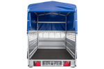 Enkelassige aanhanger 230x125 UNITRAILER FORCE 230 KIPP met gaaswanden, H-0 frame en blauwe afdekking.