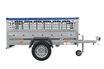 Enkelassige aanhanger 200x125 UNITRAILER GARDEN 201 KIPP met gaaswanden en blauwe afdekking