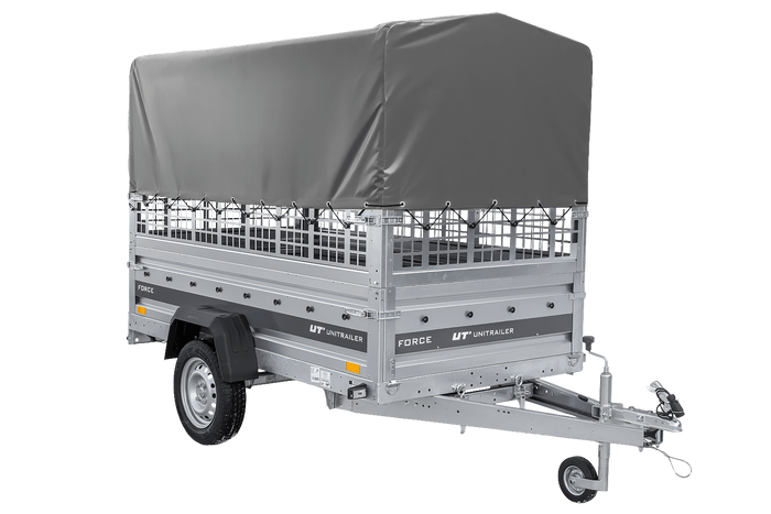 Remorque à un essieu 230x125 UNITRAILER FORCE 230 KIPP avec ridelles grillagées, châssis H-800 et bâche grise