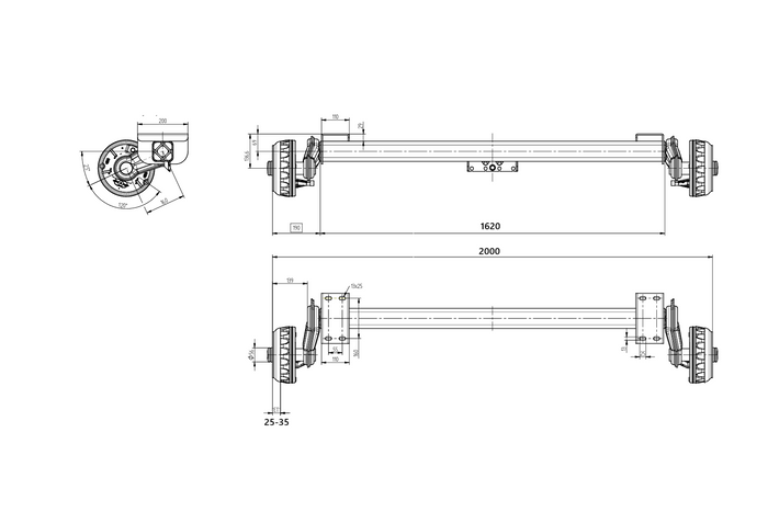 Essieu freiné KNOTT P11359.014 VGB13 pour remorque à bateau 1350 kg, 1500 mm, 2000 mm 5x112
