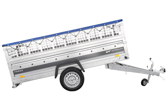Enkelassige aanhanger 264x125 UNITRAILER FORCE 264 KIPP met gaaswanden, H-0 frame en blauwe afdekking.