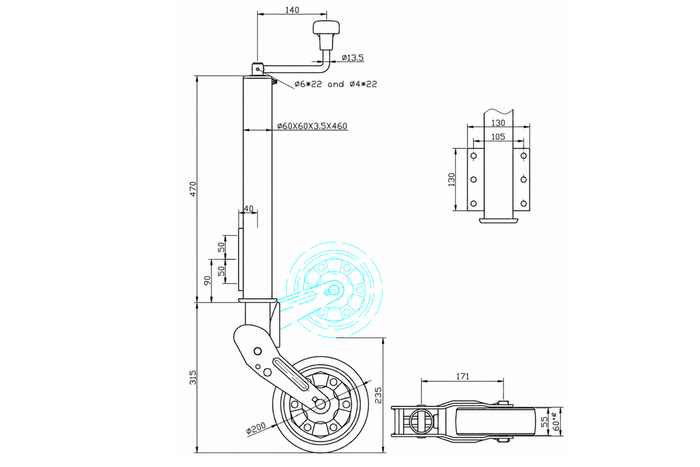 Roue jockey automatique UNITRAILER avec poignée 400 kg, 60 mm, 470-785 mm