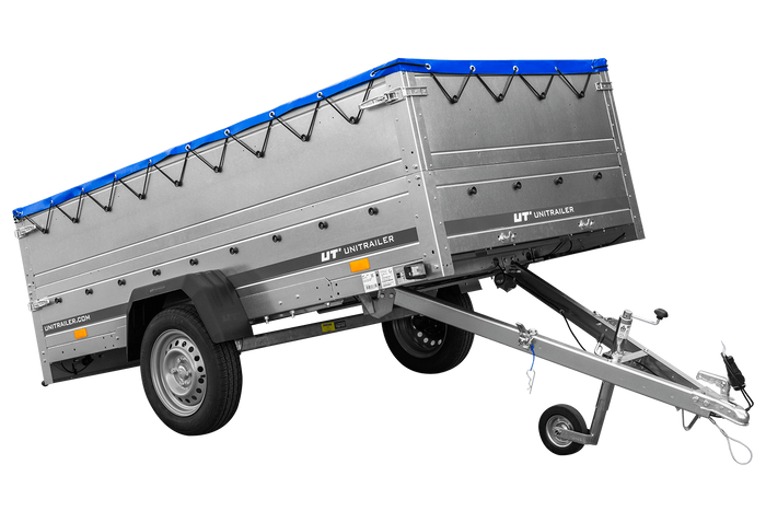 Enkelassige aanhangwagen op veren 264x125 UNITRAILER GARDEN 264/R KIPP met BIS zijwanden, H-0 frame en blauw dekzeil