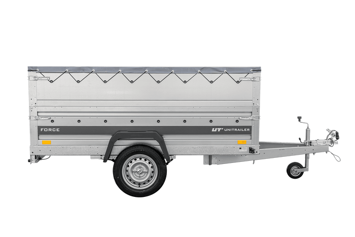 Autotransportaanhanger op veren 230x125 UNITRAILER FORCE 230/R KIPP met BIS-zijwanden, H-0 frame en grijze afdekking