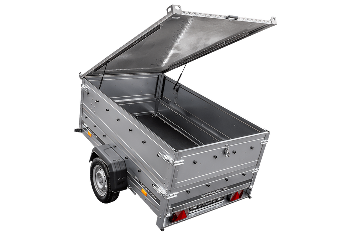 Remorque à un essieu sur ressorts 230x125 UNITRAILER GARDEN 230/R KIPP avec ridelles supplémentaires et capot en aluminium
